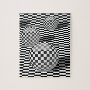 Svartvit illustration med bollar på ett schack pussel