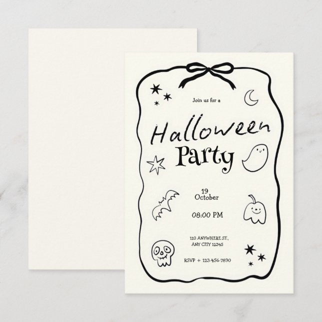 Svartvit Illustrative Halloween fest Inbjudningar (Fram/baksida)
