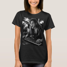 Svartvit ilska gamer porträtt t-shirt