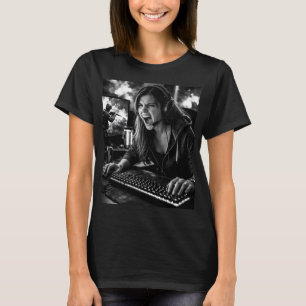 Svartvit ilska gamer porträtt t-shirt