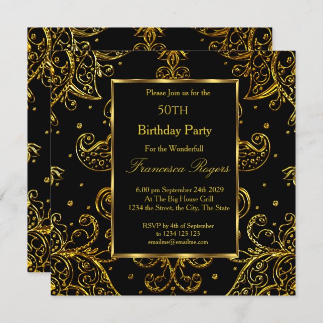 Svartvit inbjudan för lyxfrågor i 50 Födelsedagsfe (Fram/baksida)