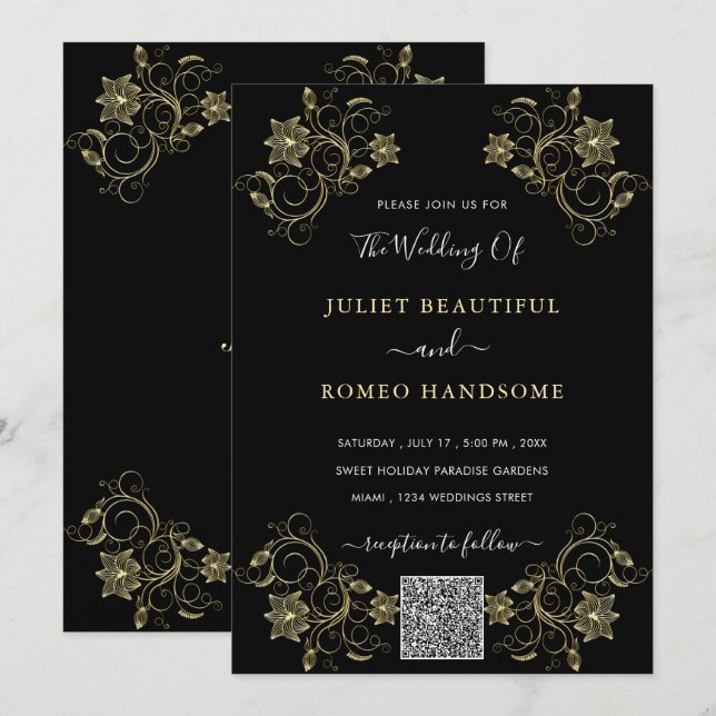 Svartvit inbjudan till guld med QR-kod (Fram/baksida)