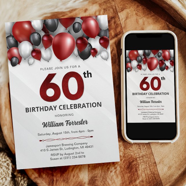 Svartvit inbjudan till Silver och vit 60:e födelse (Black Red Silver & White 60th Birthday Invitation)