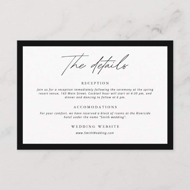 Svartvit information om Monogram WandeBlack Bröllo Tilläggskort (Framsida)