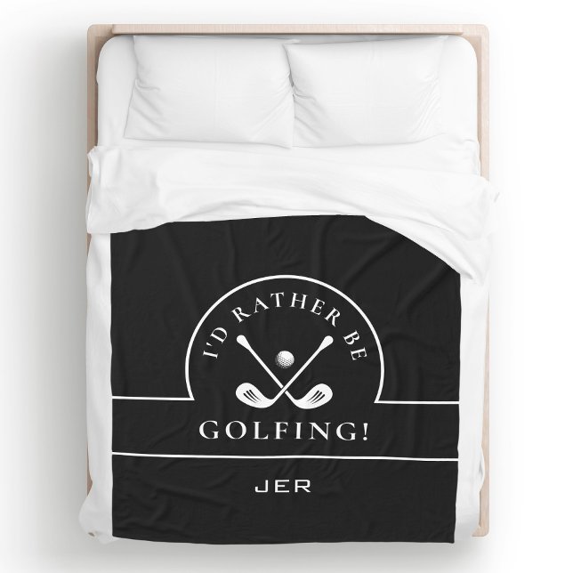Svartvit jag skulle hellre vara Golfing Monogramme Fleecefilt (Black & White I'd Rather Be Golfing Monogrammed Fleece Blanket Unique Custom Gift For Golfers)