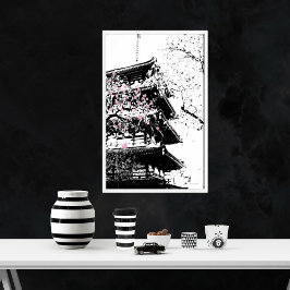 Svartvit japansk Pagoda w/Cherry-Blommar Poster