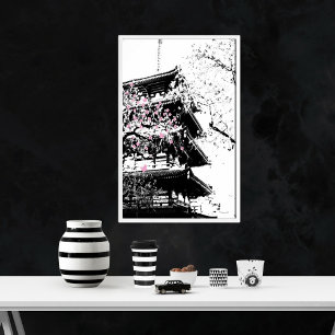 Svartvit japansk Pagoda w/Cherry-Blommar Poster