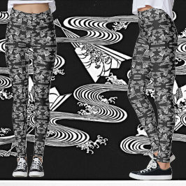 Svartvit "Japanska Mönster av Fläkt" Leggings