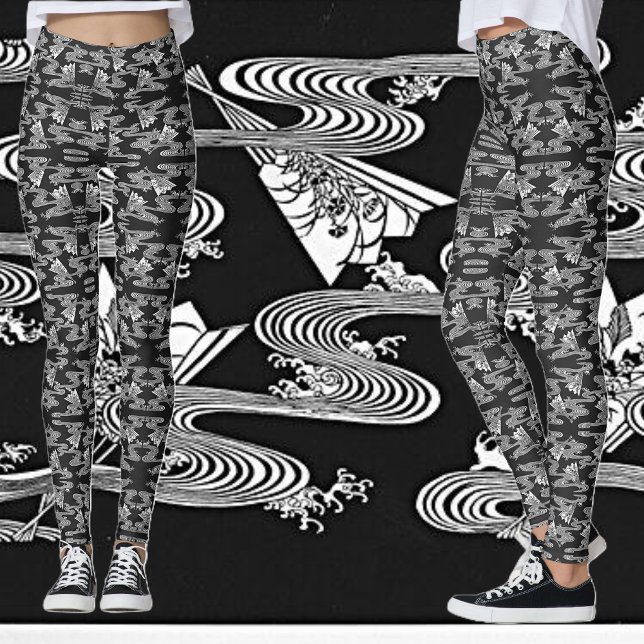 Svartvit "Japanska Mönster av Fläkt" Leggings (Skapare uppladdad)