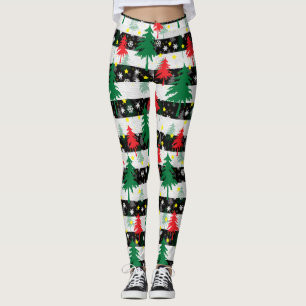 Svartvit jul Snö Rand Red Grönt Träd Leggings