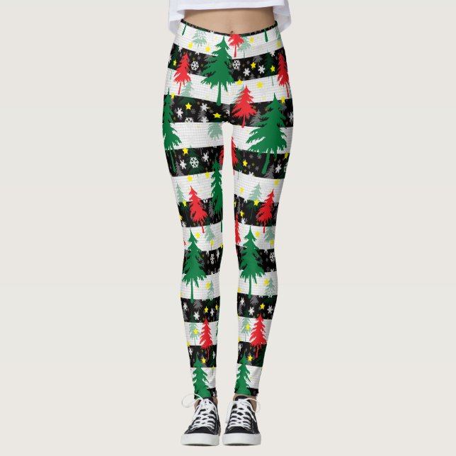 Svartvit jul Snö Rand Red Grönt Träd Leggings (Framsida)