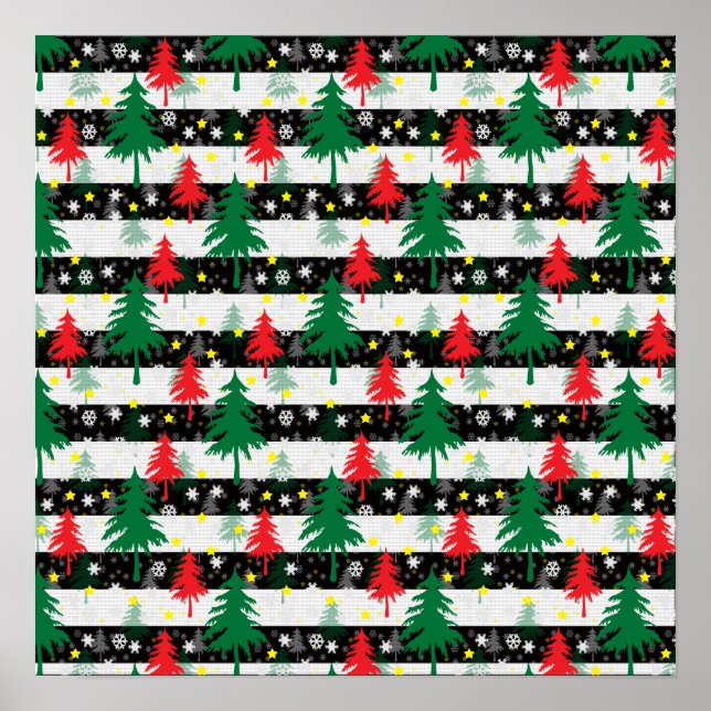 Svartvit jul Snö Rand Red Grönt Träd Poster (Framsidan)