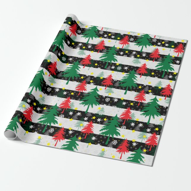 Svartvit jul Snö Rand Red Grönt Träd Presentpapper (Utrullad)