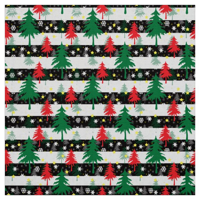 Svartvit jul Snö Rand Red Grönt Träd Tyg (Provkarta)