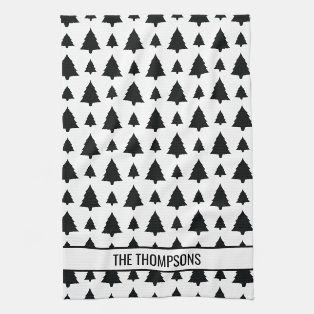 Svartvit Julgran Mönster och text Kökshandduk (Vertikal)