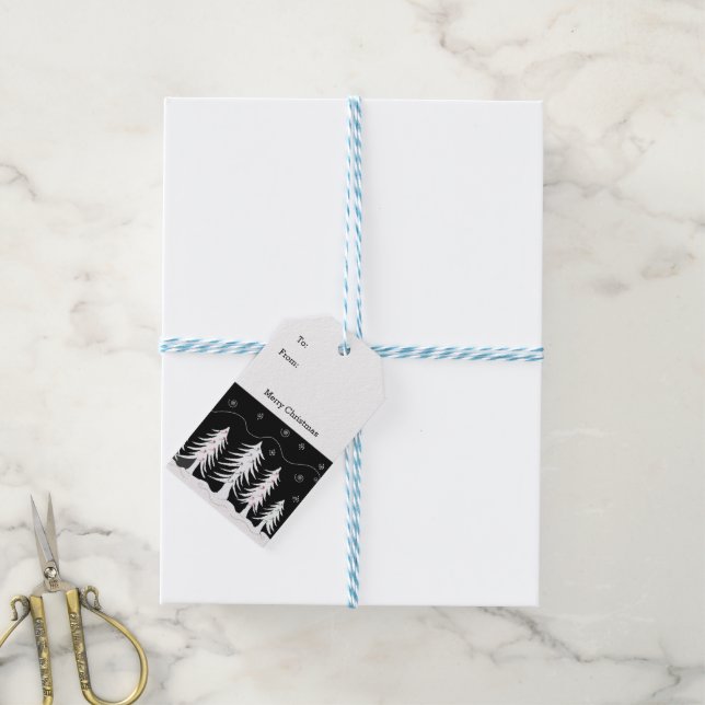 Svartvit Julgranar Presentetikett (Med Snöre)