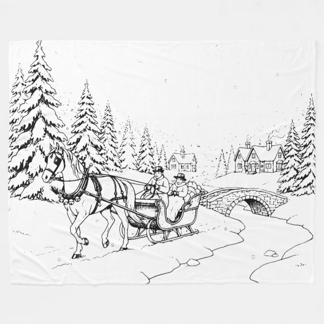 Svartvit, julhorse Drawn Sleigh Scene Fleecefilt (Framsidan (Horisontell))