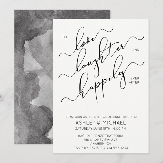 Svartvit kalligrafi Rehearsal Dinner Inbjudan (Fram/baksida)