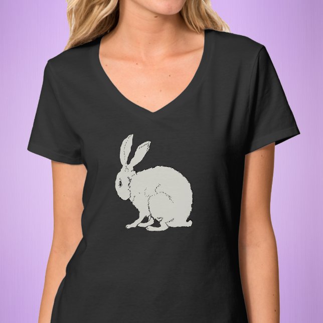 Svartvit kanin Teckning, elegant, kontur T Shirt (White sitting bunny rabbit side profile on womans adult tee shirt.)