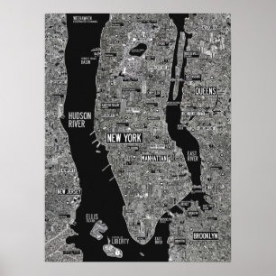 Svartvit karta i hand plockade New York Poster