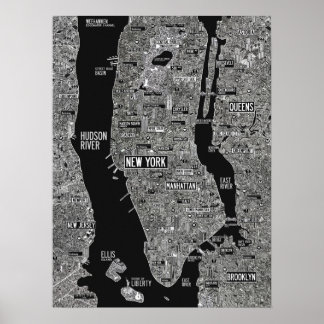 Svartvit karta i hand plockade New York Poster