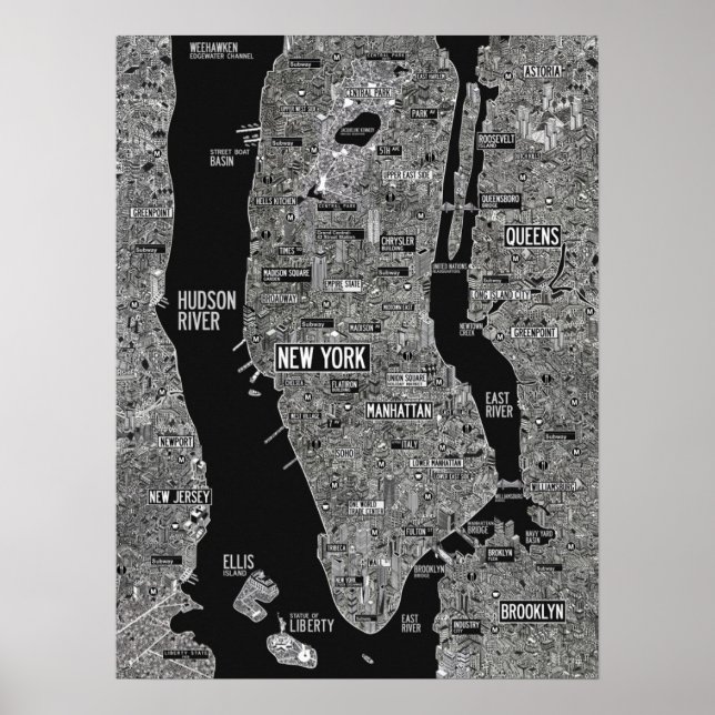 Svartvit karta i hand plockade New York Poster (Framsidan)