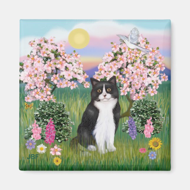 Svartvit katt - Blommar Magnet (Framsidan)