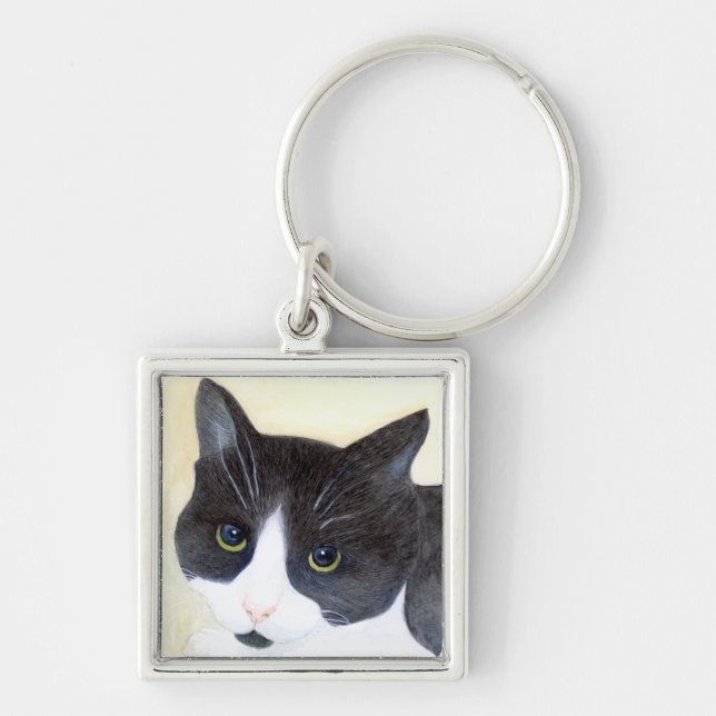 Svartvit katt fyrkantig silverfärgad nyckelring (Framsidan)