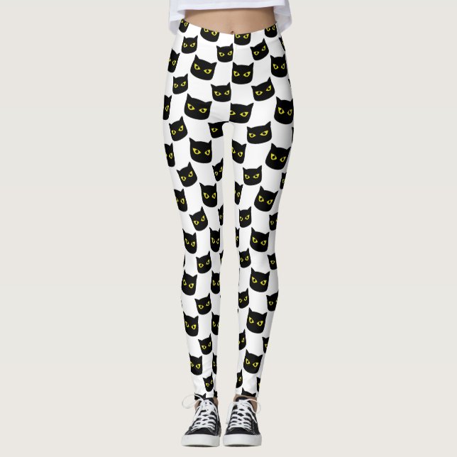 Svartvit katt Halloween mönster Leggings (Framsida)