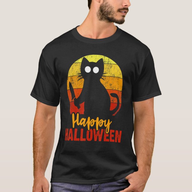Svartvit katt happy halloween med Knivar-skal T Shirt (Framsida)