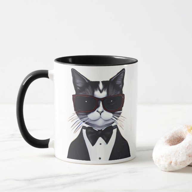 Svartvit katt i en Tuxedo- och Bow Tie Mugg (Med munk)