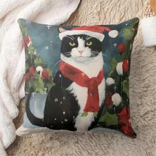 Svartvit katt i snö jul kudde