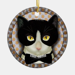 Svartvit katt julgransprydnad keramik