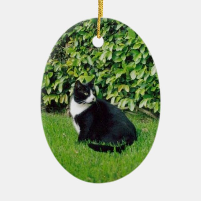 Svartvit katt julgransprydnad keramik (Framsidan)
