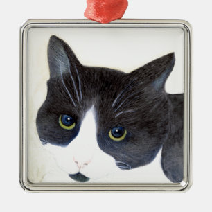 Svartvit katt julgransprydnad metall