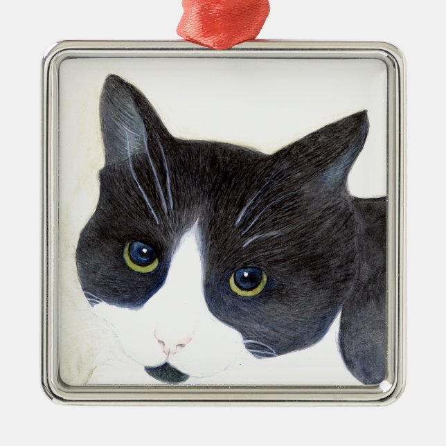 Svartvit katt julgransprydnad metall (Framsidan)