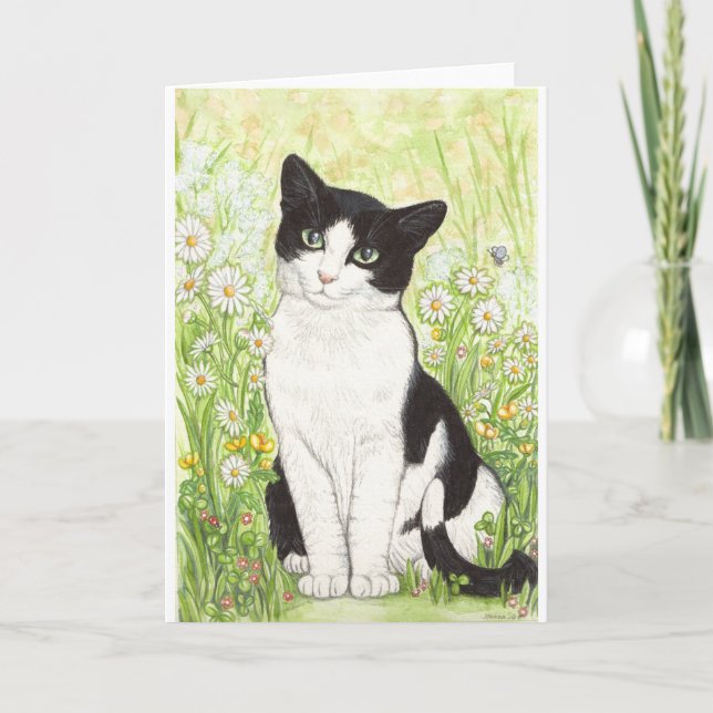 Svartvit katt med daisy kort (Framsida)
