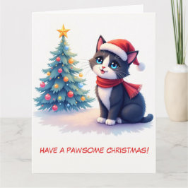 Svartvit katt och Julgran Kort