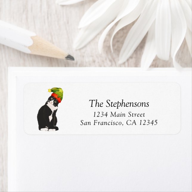 Svartvit katt Returadress för jultomte Returadress Etikett (Insitu)