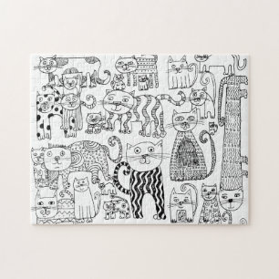 Svartvit katter Roligt Hand plockade Modern Art Pussel