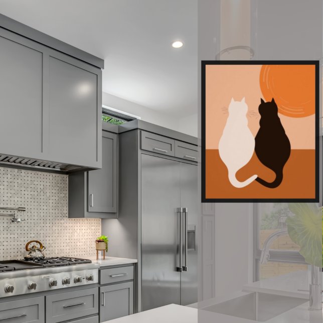Svartvit kattpar - Orange Köksvägg - dekal Poster (Modern Black & White Cat Pair, Orange Kitchen Poster)