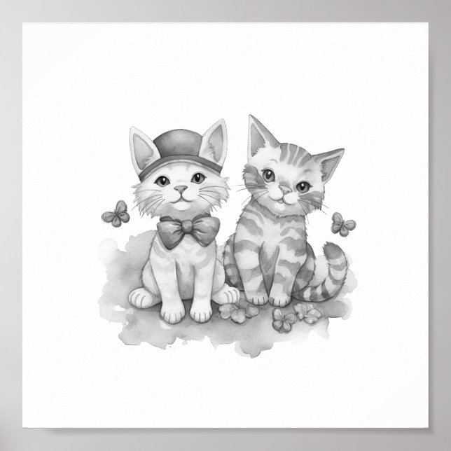 Svartvit kattungar och vänner poster (Framsidan)