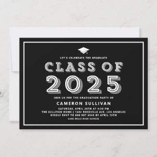 Svartvit klass av 2025 Cap Retro Studenten Inbjudningar