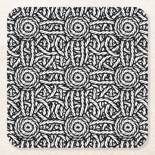 Svartvit knopp och ropes macrame stil underlägg papper kvadrat (Framsidan)