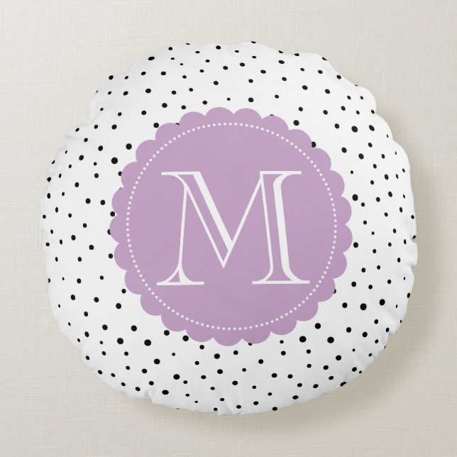 Svartvit konfetti-punkter Lilac Monogram Round Rund Kudde (Framsidan)
