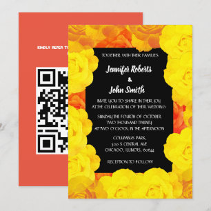 Svartvit korall Orange-Gult-Blommigt QR-kod Bröllo Inbjudningar