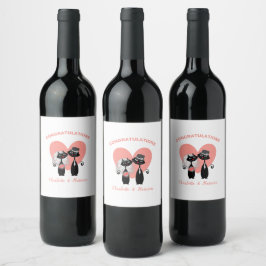 Svartvit korallstut av bröllop Cats Elegant Vinflaska Etikett