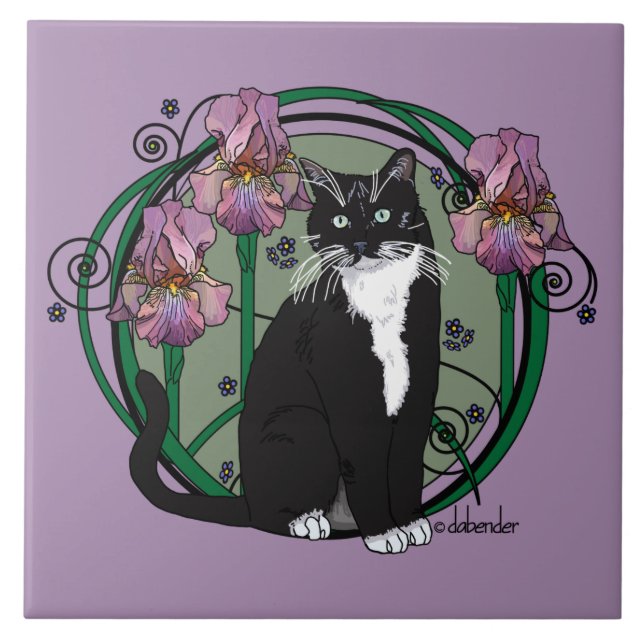 Svartvit Kort-Haired katt med Irises Kakelplatta (Framsidan)