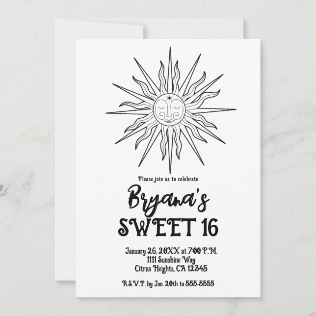 Svartvit korvsikal Sol Celestial Sweet 16 Inbjudningar (Framsida)