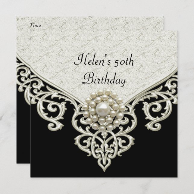 Svartvit kräm Pearl jewel från 50:e födelsedag Inbjudningar (Fram/baksida)